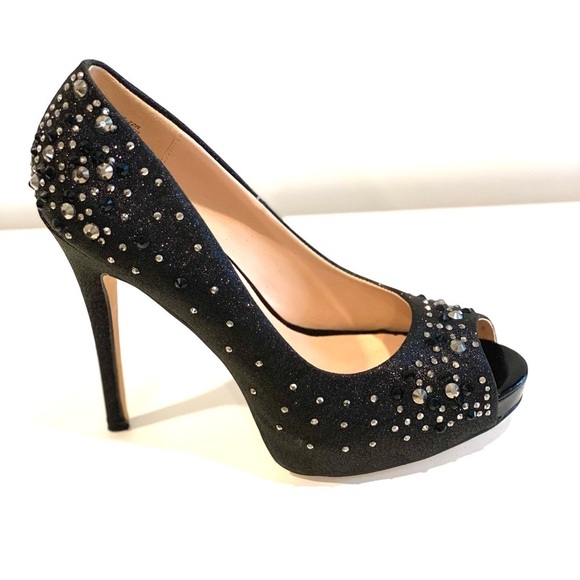 Black Platform peep toe pumps with sparkle 5 inches tall size 7 - Picture 2 of 13